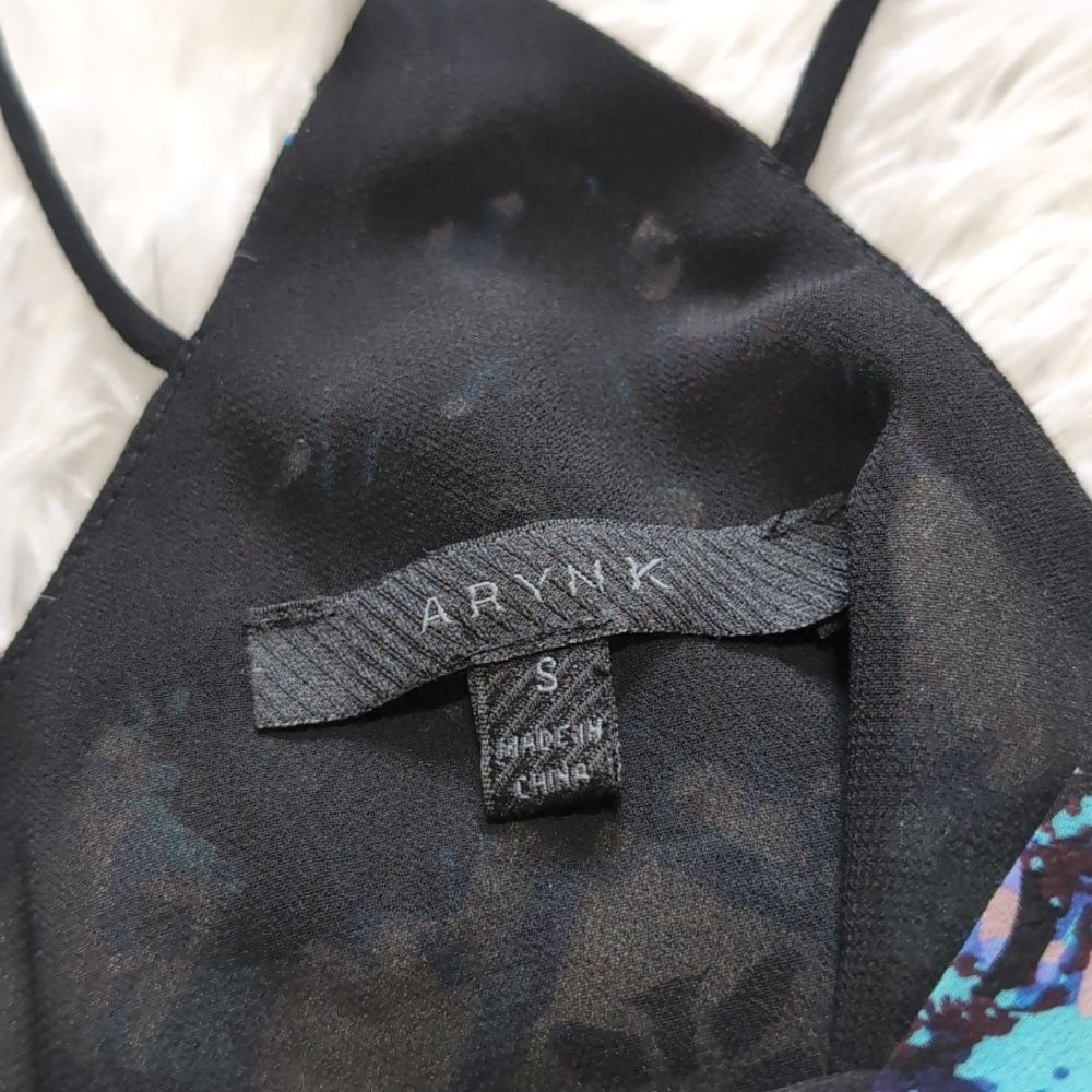 Aryn K 100% Silk Strappy Back Abstract Graphic Black & Blue Cami Top Size Small - Picture 7 of 10